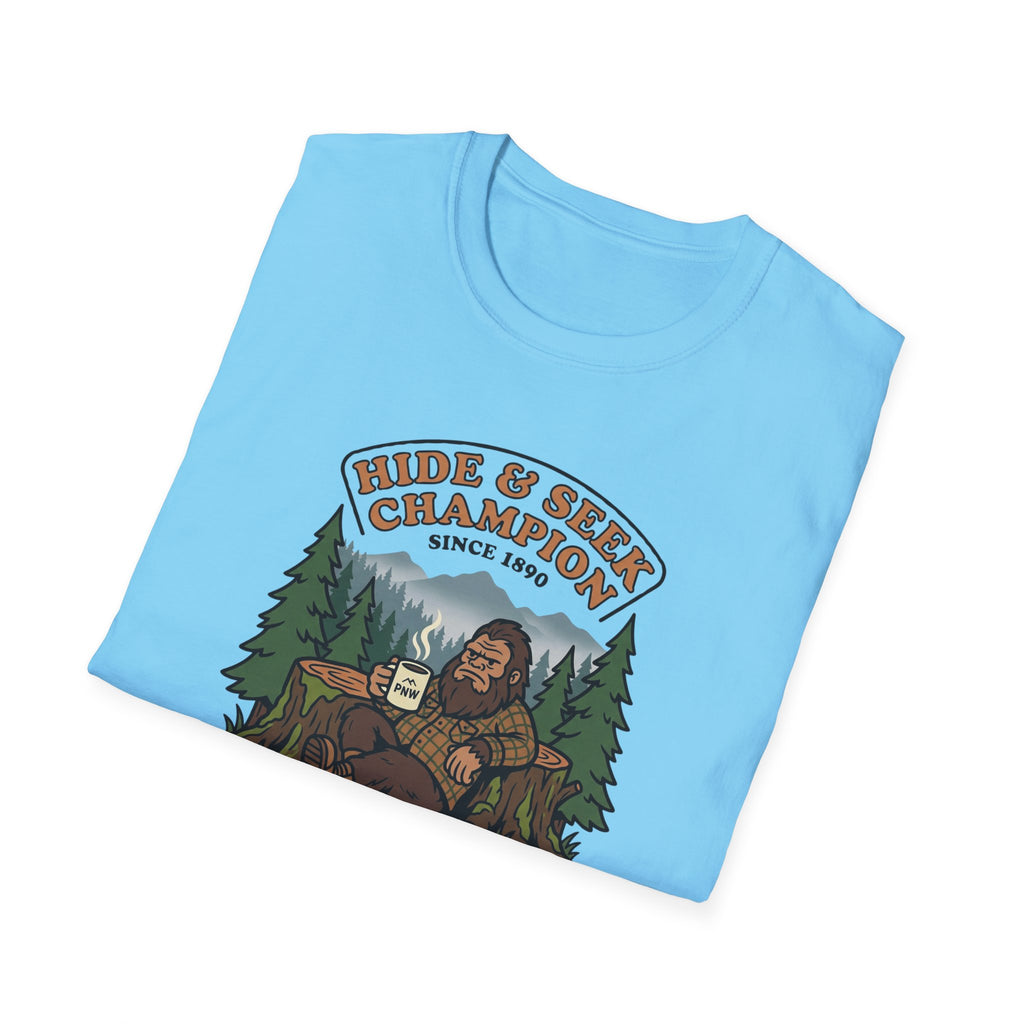 Sasquatch Hide & Seek Champion T-Shirt | Powered by Coffee, Bigfoot Design