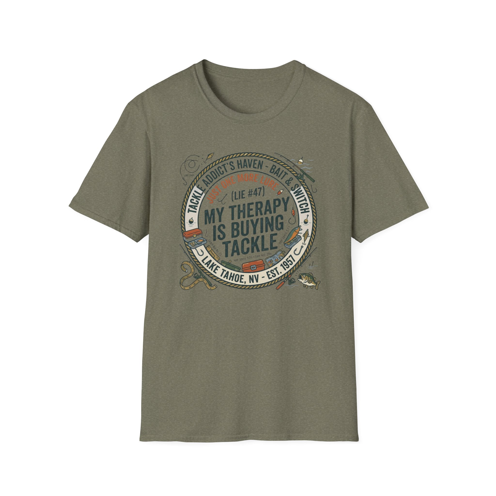 My Therapy Is Buying Tackle Fishing T-Shirt | Fishing Rod Reel Bait Angler Tee