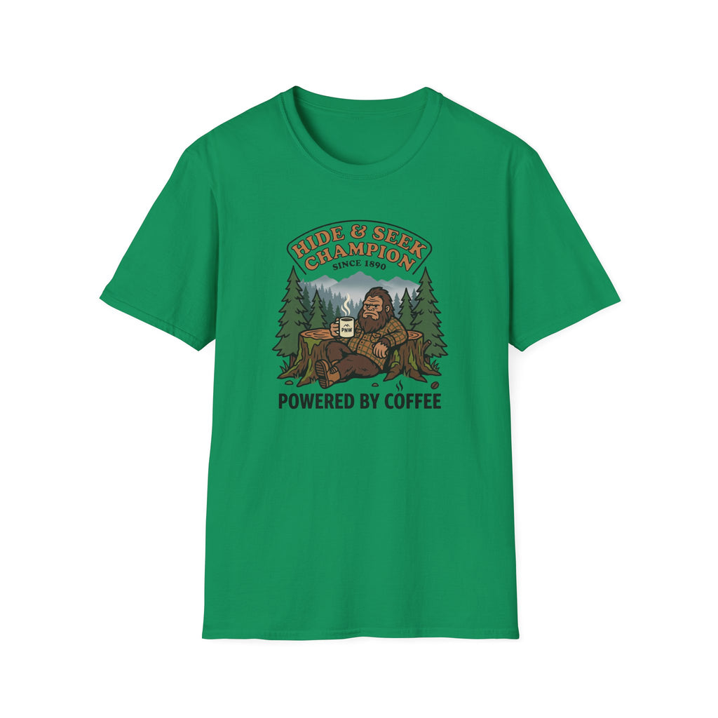 Sasquatch Hide & Seek Champion T-Shirt | Powered by Coffee, Bigfoot Design