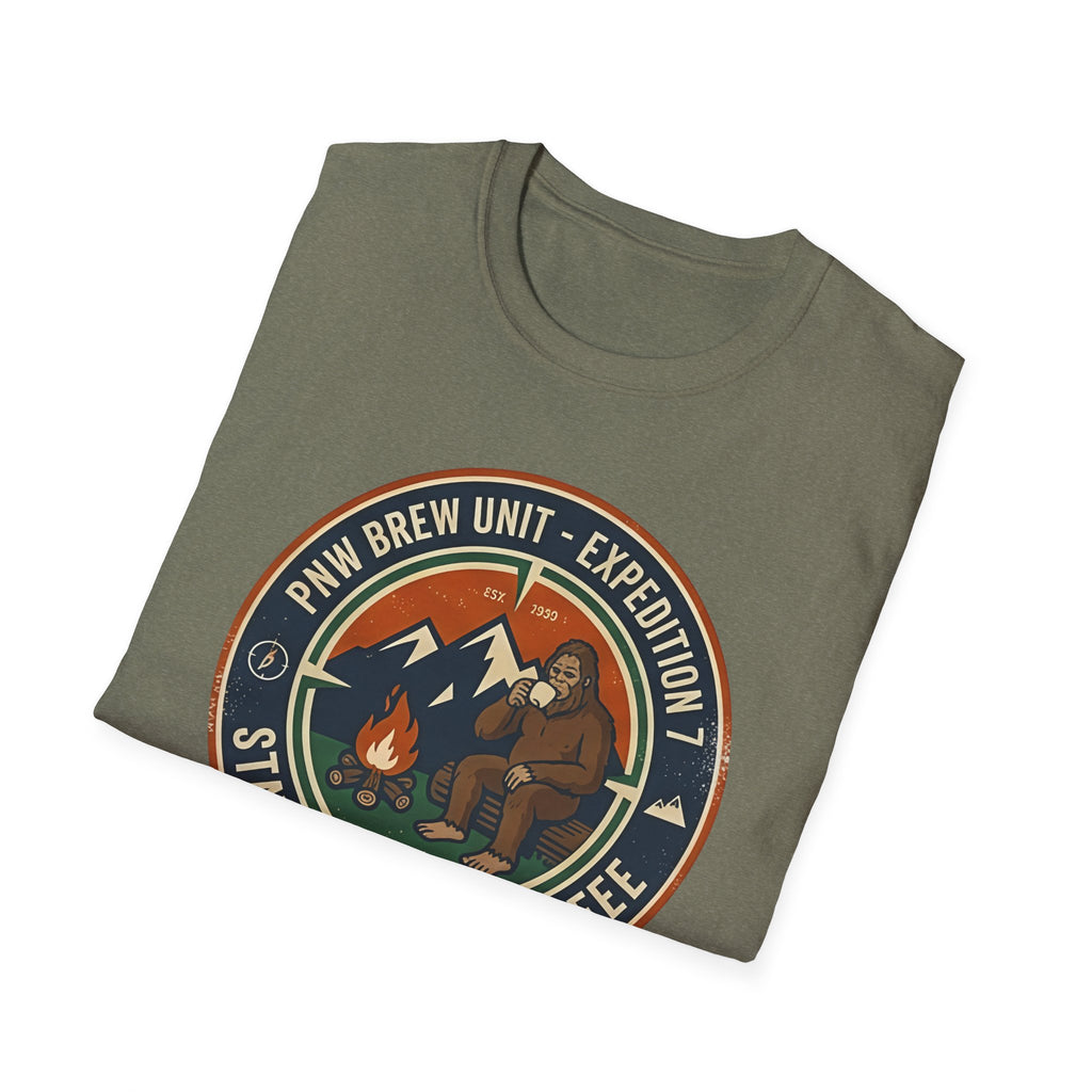 Stayed for the Coffee mountain camping badge T-Shirt | coffee hiking logo