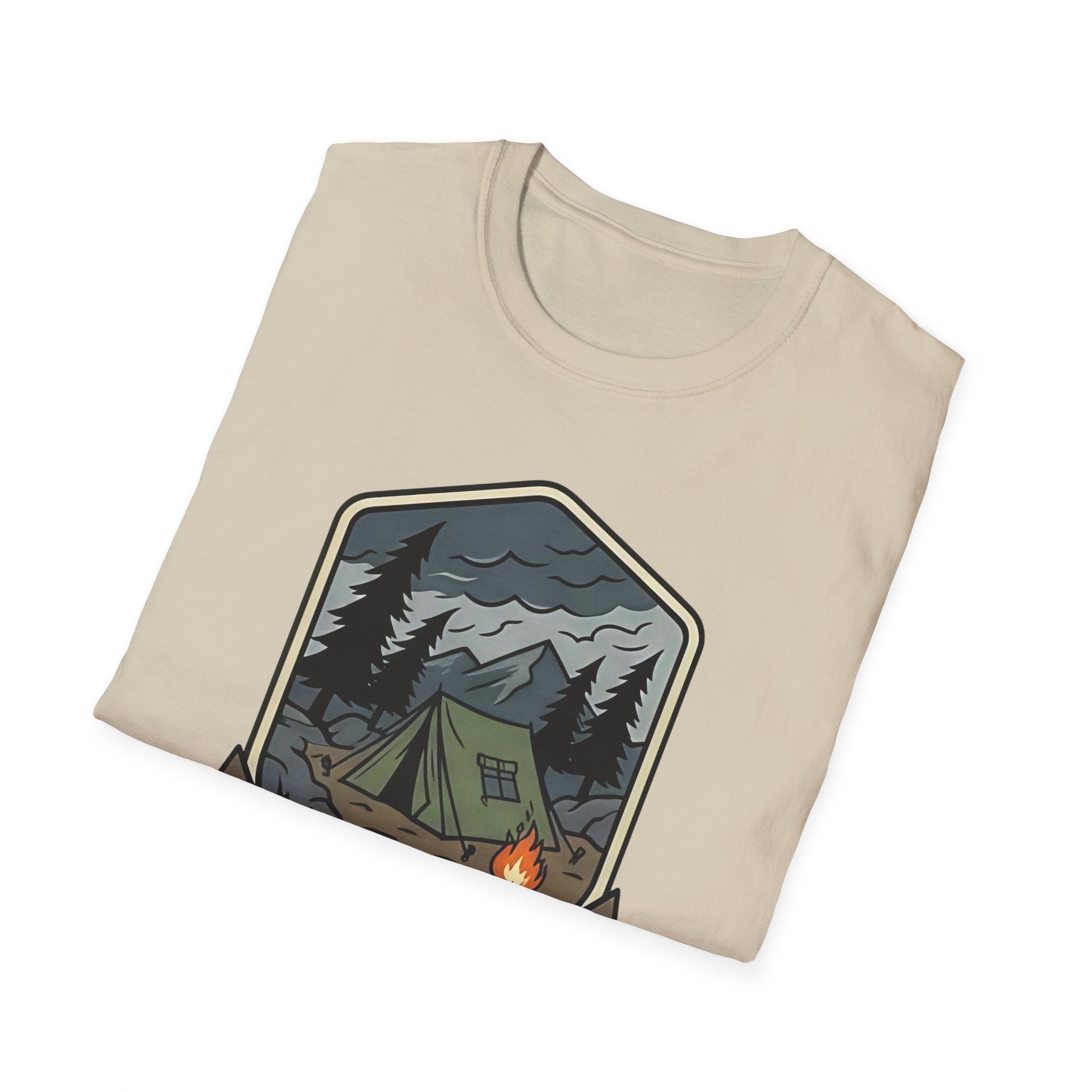 Camping Badge tent and campfire graphic T-Shirt | outdoors hiking adventure emblem