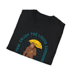 PNW Enjoy the Liquid Sunshine Bigfoot T-Shirt | Rain Umbrella Illustration