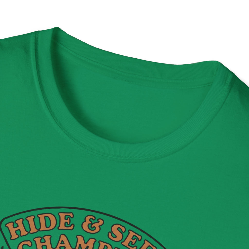 Sasquatch Hide & Seek Champion T-Shirt | Powered by Coffee, Bigfoot Design