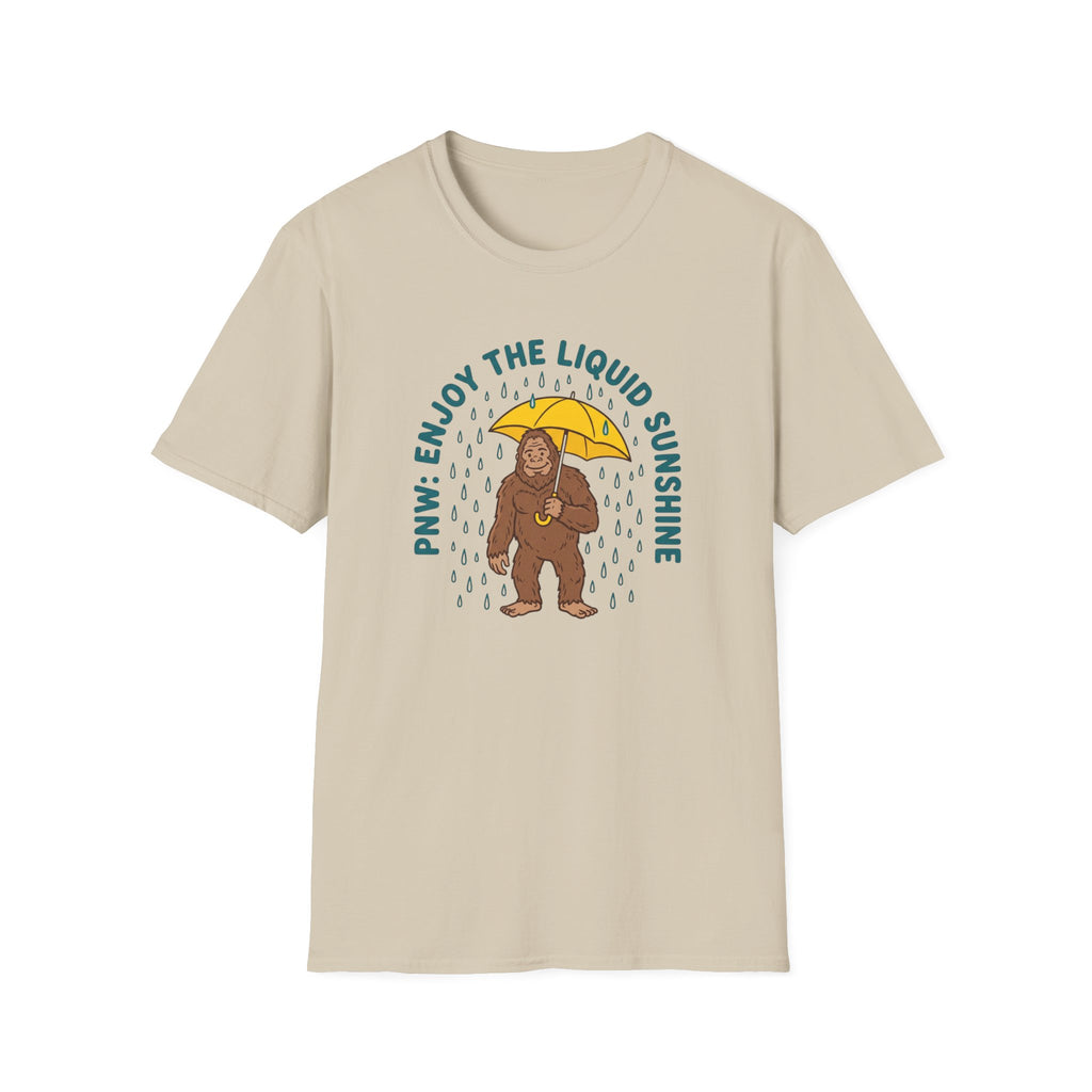 PNW Enjoy the Liquid Sunshine Bigfoot T-Shirt | Rain Umbrella Illustration