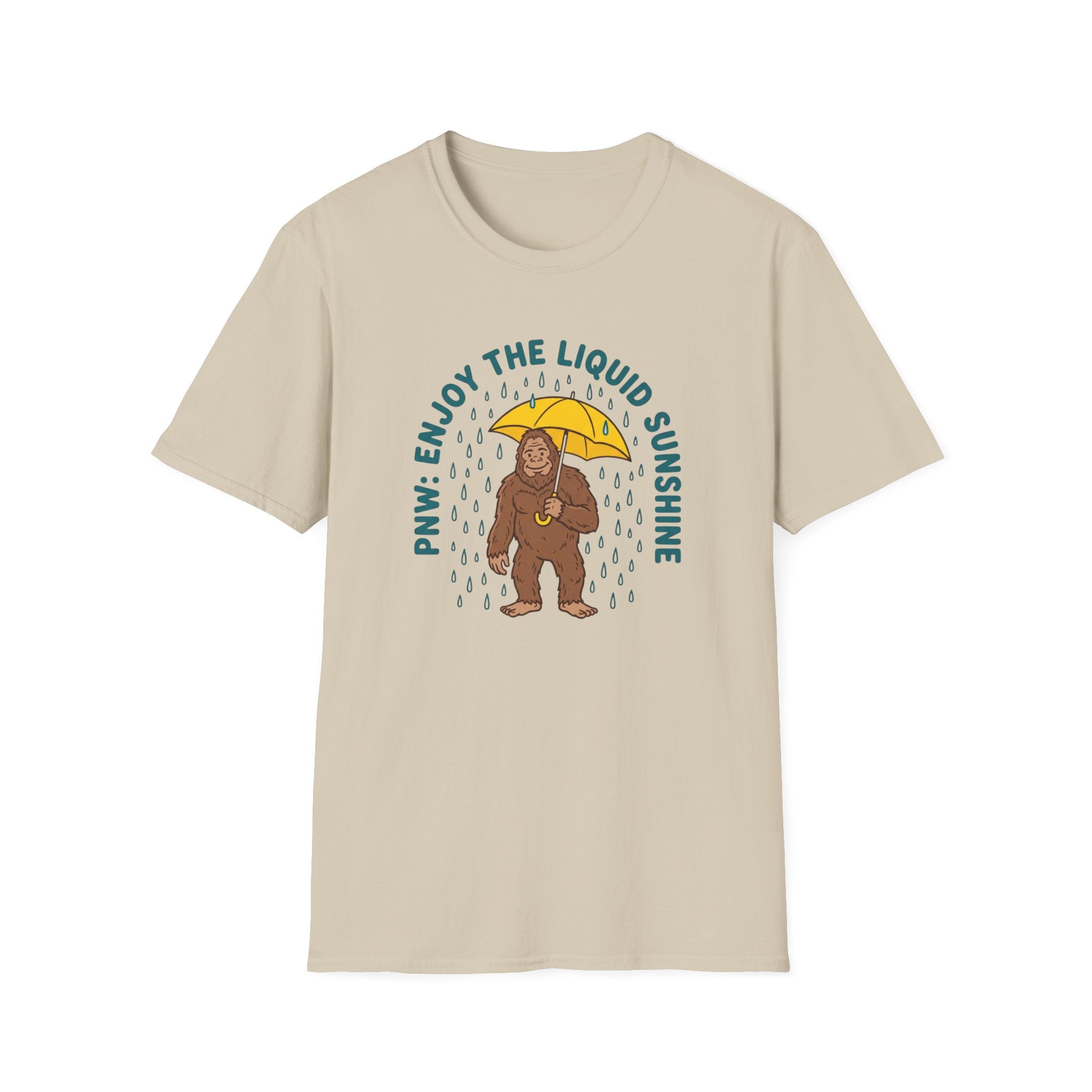 PNW Enjoy the Liquid Sunshine Bigfoot T-Shirt | Rain Umbrella Illustration