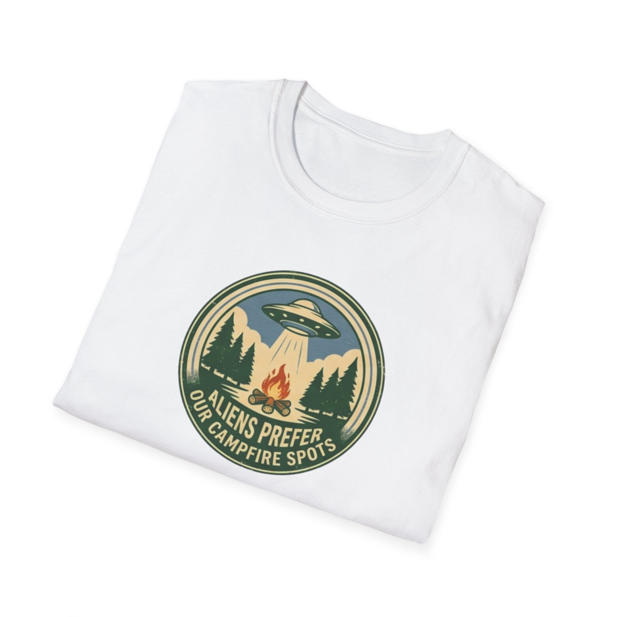 Aliens Prefer Our Campfire Spots T-Shirt | UFO Camping Badge Graphic