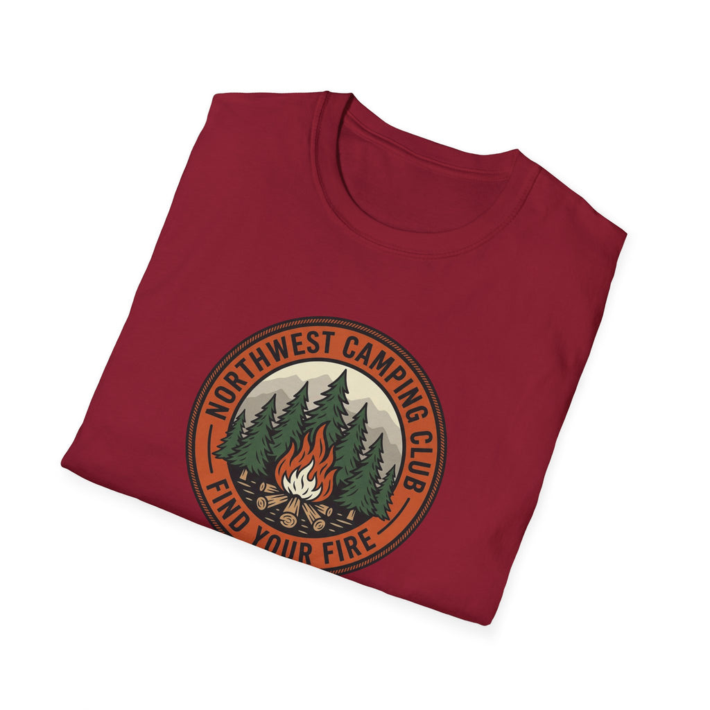 Northwest Camping Club Find Your Fire T-Shirt | Campfire Trees Outdoor Badge Shirt