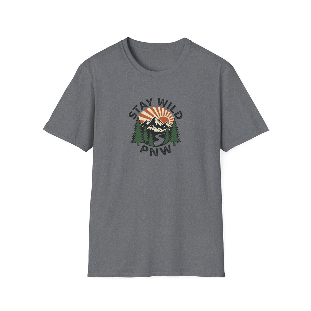 Stay Wild PNW T-Shirt | Mountain Sunset, Pine Trees, River Road