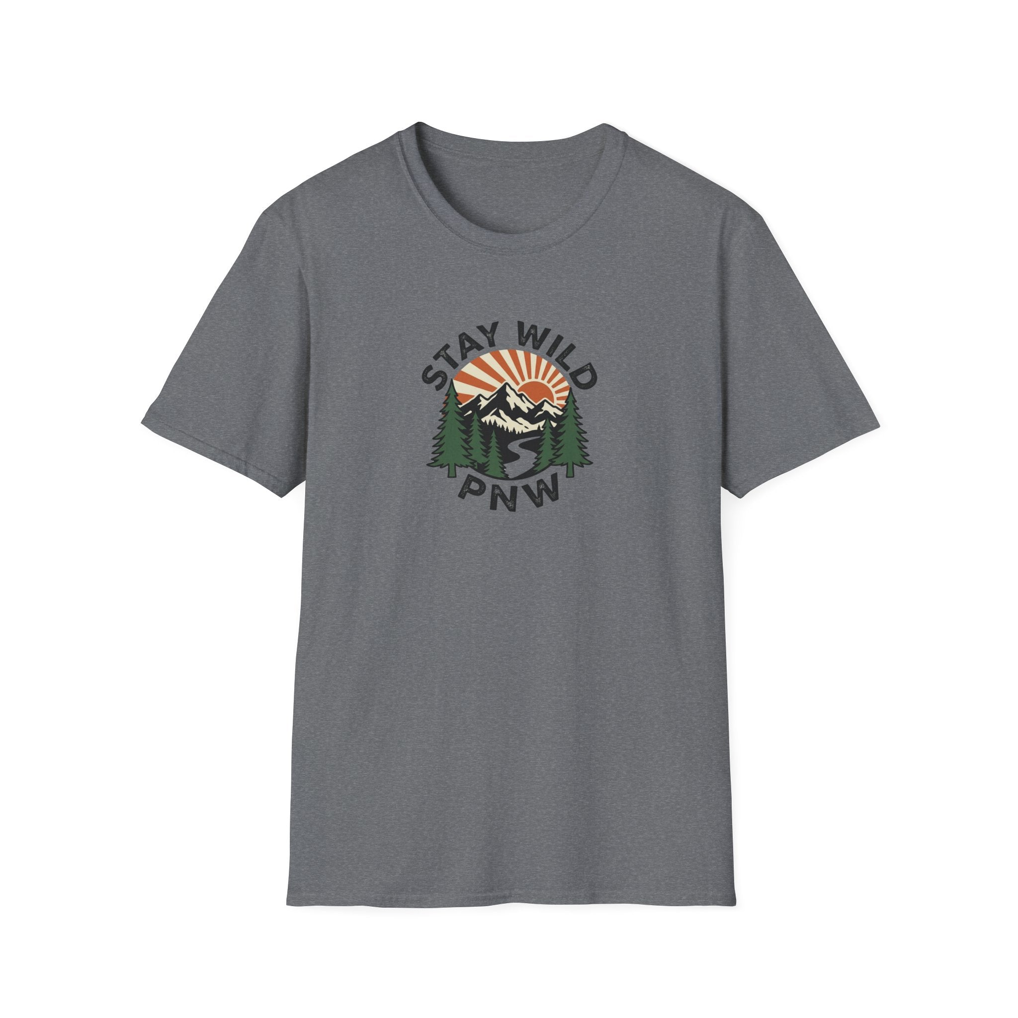 Stay Wild PNW T-Shirt | Mountain Sunset, Pine Trees, River Road