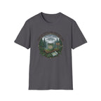 Cozy Camping Coffee Scene T-Shirt | Mountain Mug, Rainy Forest Illustration