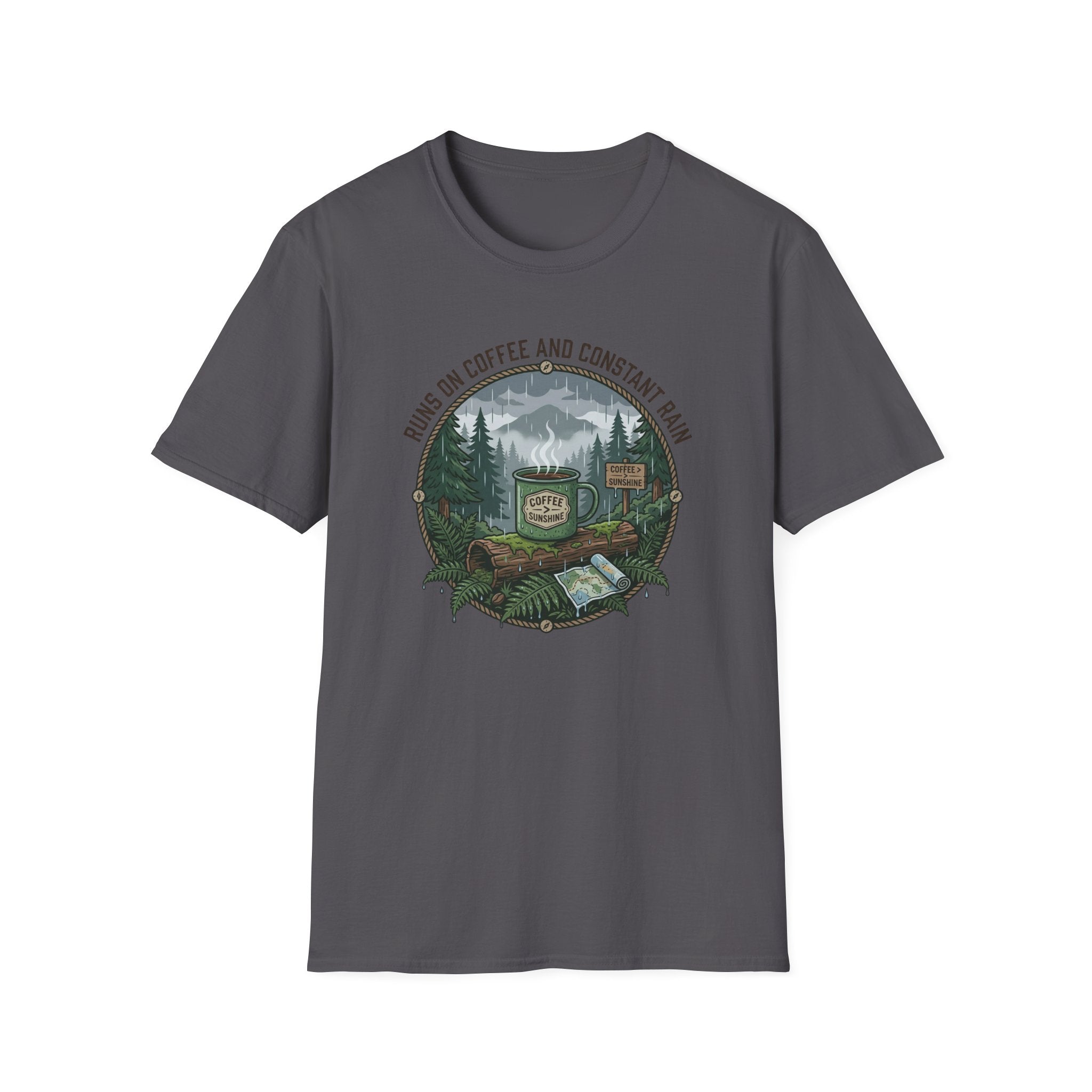Cozy Camping Coffee Scene T-Shirt | Mountain Mug, Rainy Forest Illustration