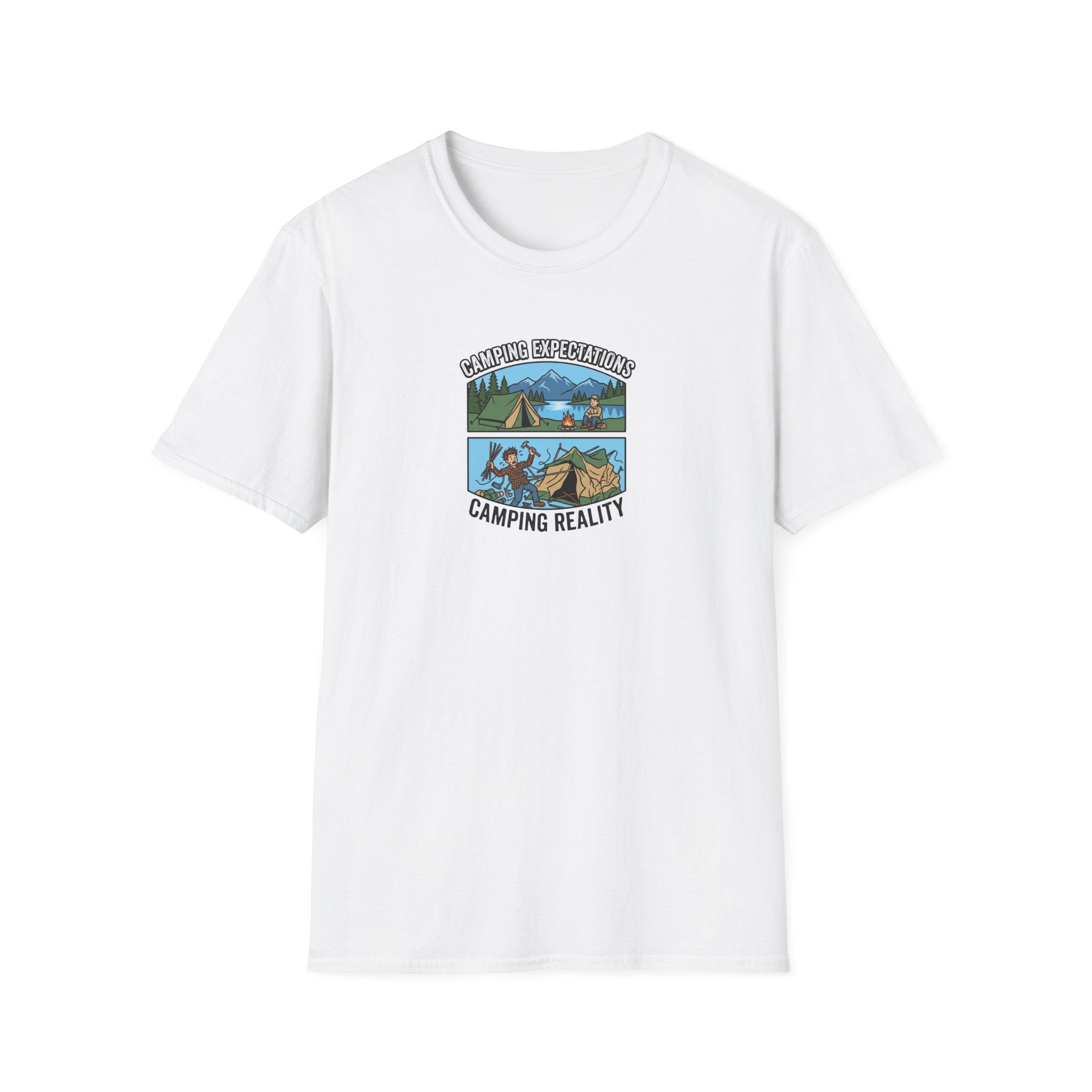 Camping Reality T-Shirt | Scenic Tent, Lake, Mountains Outdoor Adventure