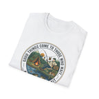 Camping Scene T-Shirt | Vintage Tent Lake Illustration, 'Good Things Come to Those Who Wait'