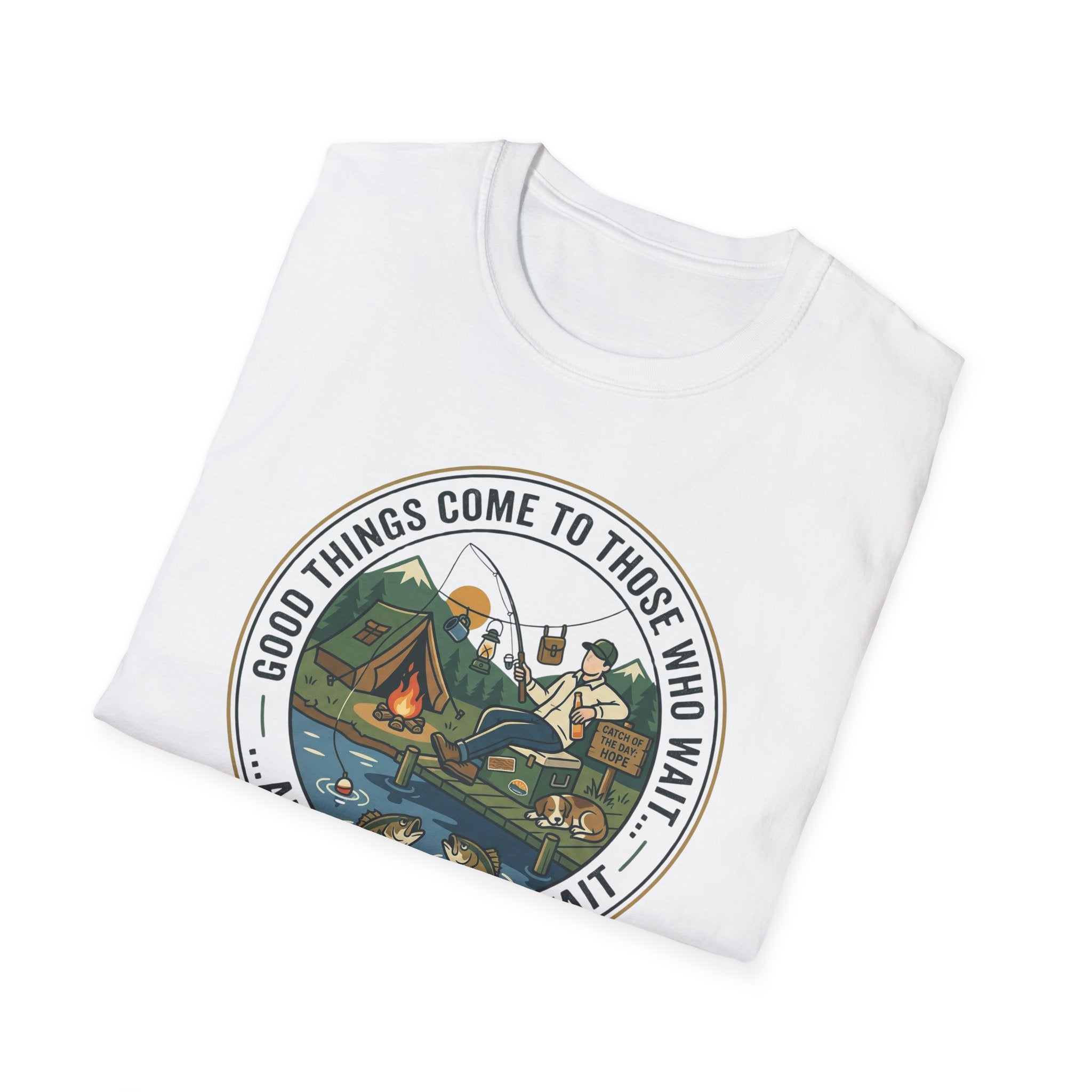Camping Scene T-Shirt | Vintage Tent Lake Illustration, 'Good Things Come to Those Who Wait'