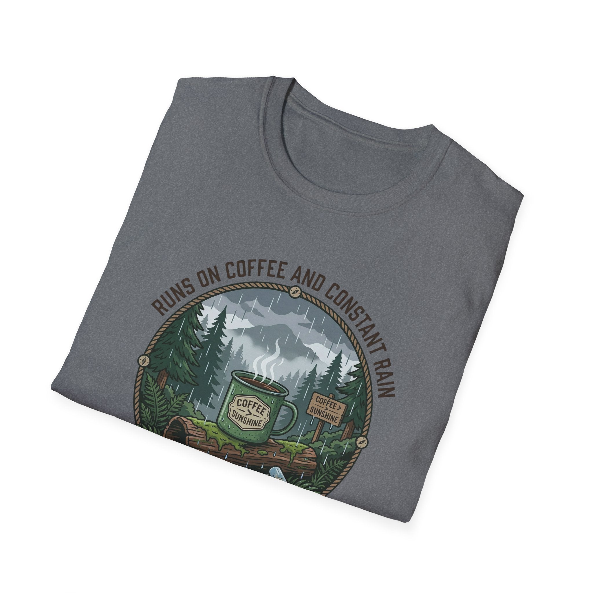Cozy Camping Coffee Scene T-Shirt | Mountain Mug, Rainy Forest Illustration