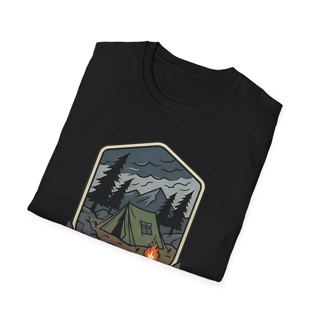 Camping Badge tent and campfire graphic T-Shirt | outdoors hiking adventure emblem