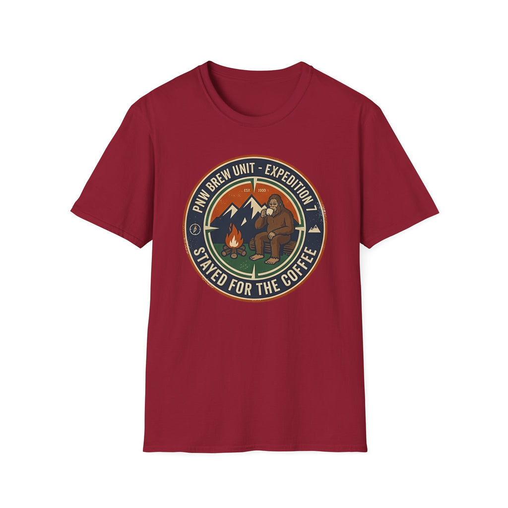 Stayed for the Coffee mountain camping badge T-Shirt | coffee hiking logo