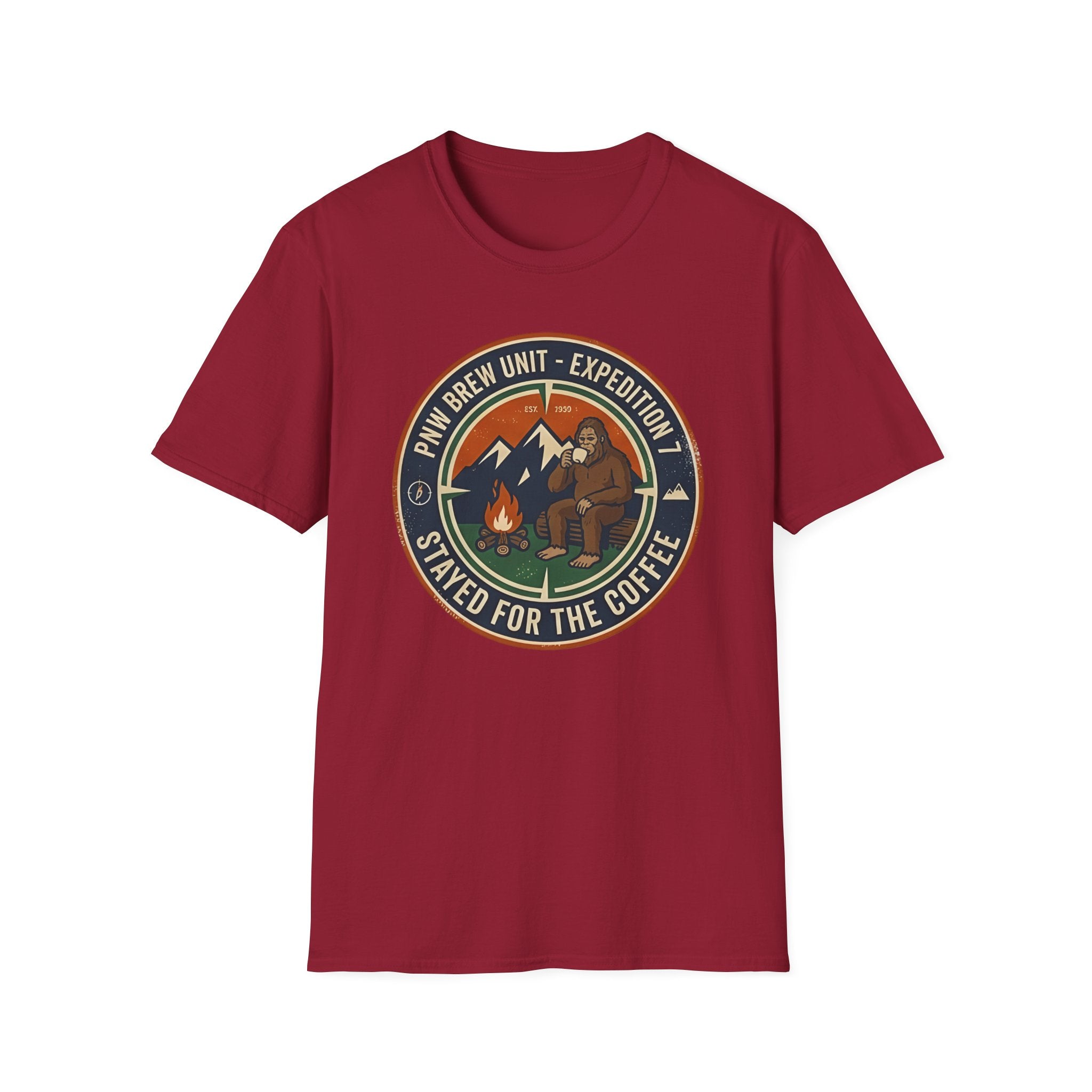 Stayed for the Coffee mountain camping badge T-Shirt | coffee hiking logo