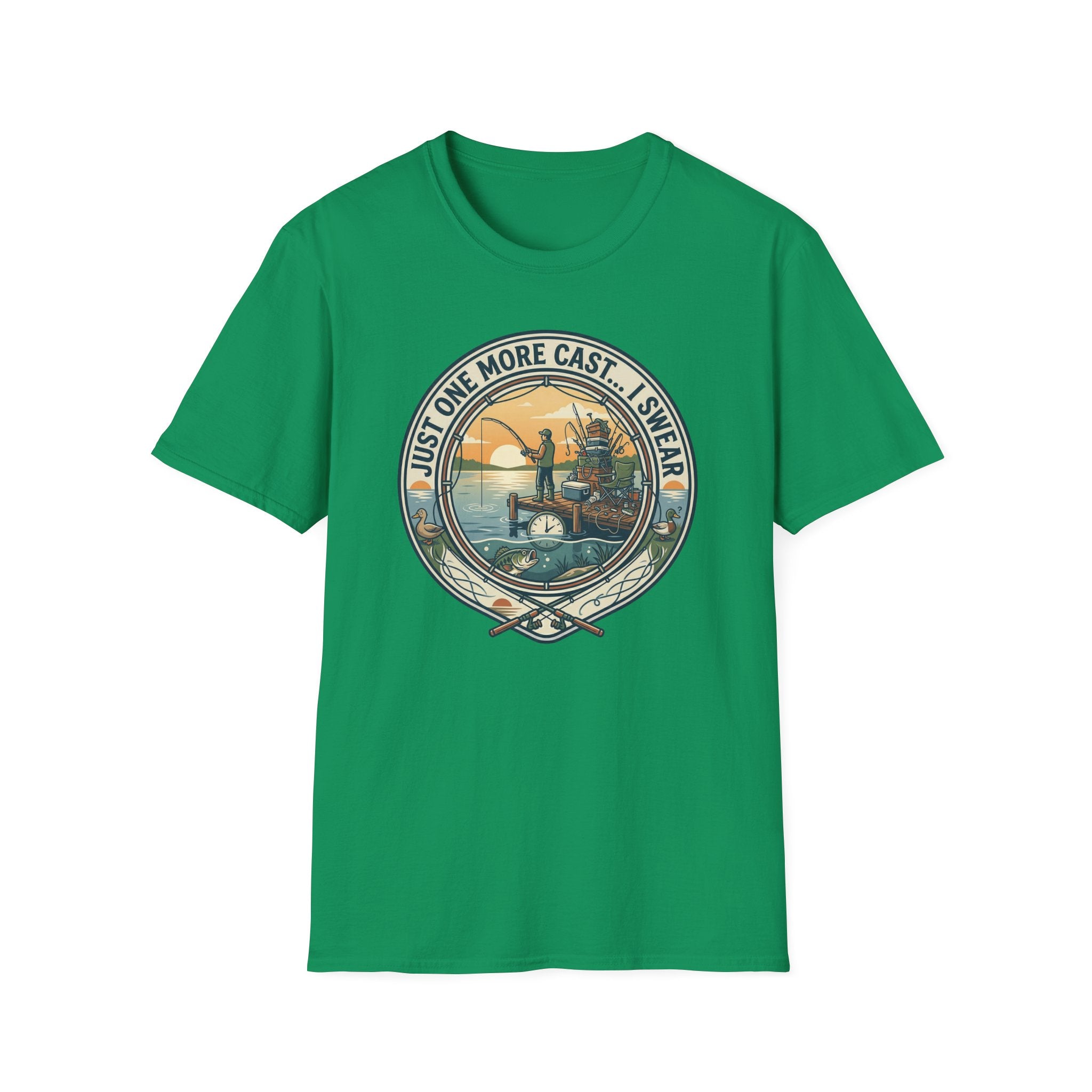 Just One More Cast Fishing T-Shirt | Retro Sunset Angler Design