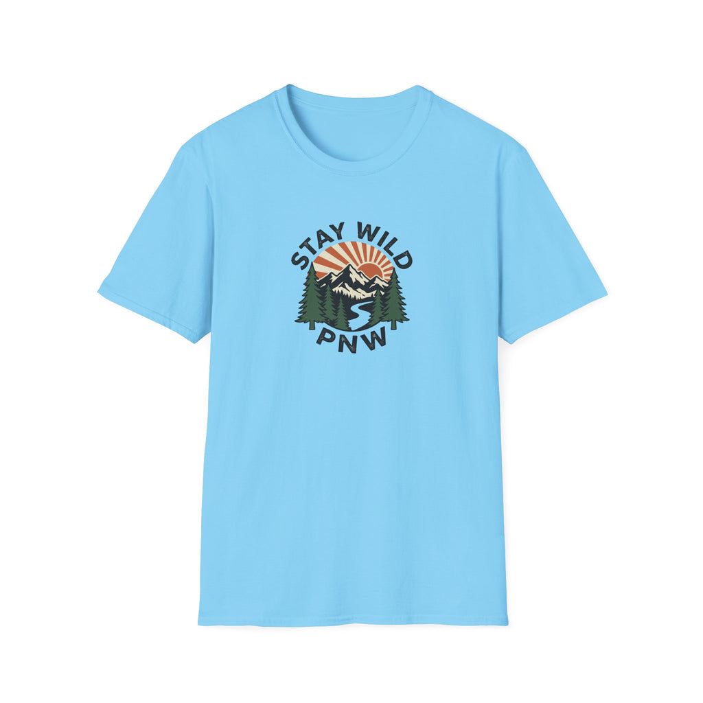 Stay Wild PNW T-Shirt | Mountain Sunset, Pine Trees, River Road