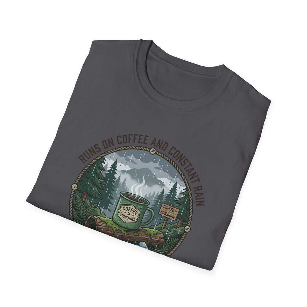 Cozy Camping Coffee Scene T-Shirt | Mountain Mug, Rainy Forest Illustration