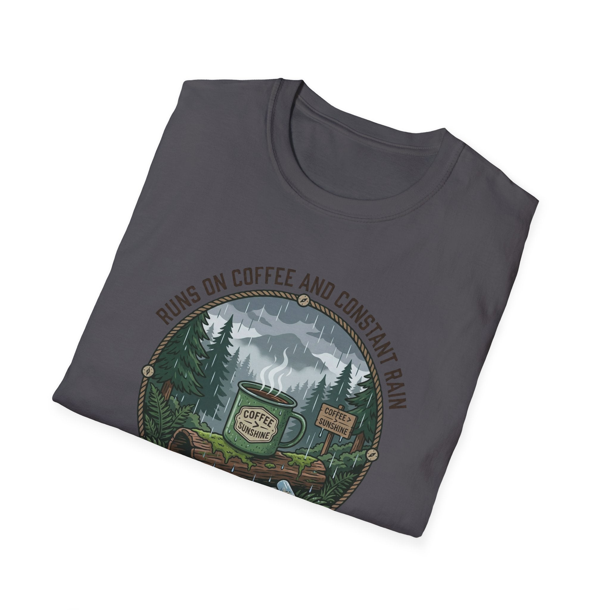 Cozy Camping Coffee Scene T-Shirt | Mountain Mug, Rainy Forest Illustration