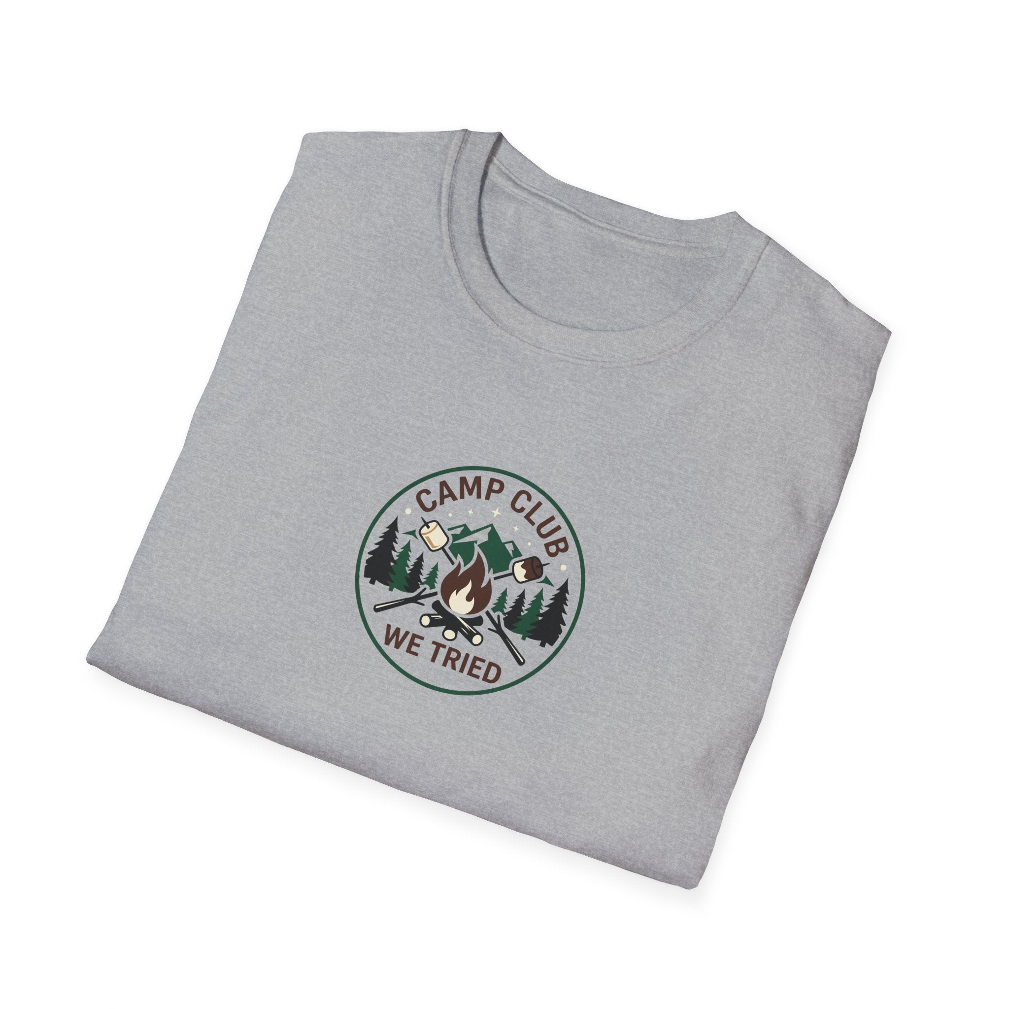 Camp Club We Tried T-Shirt | Camping Badge, Mountains & Pine Trees