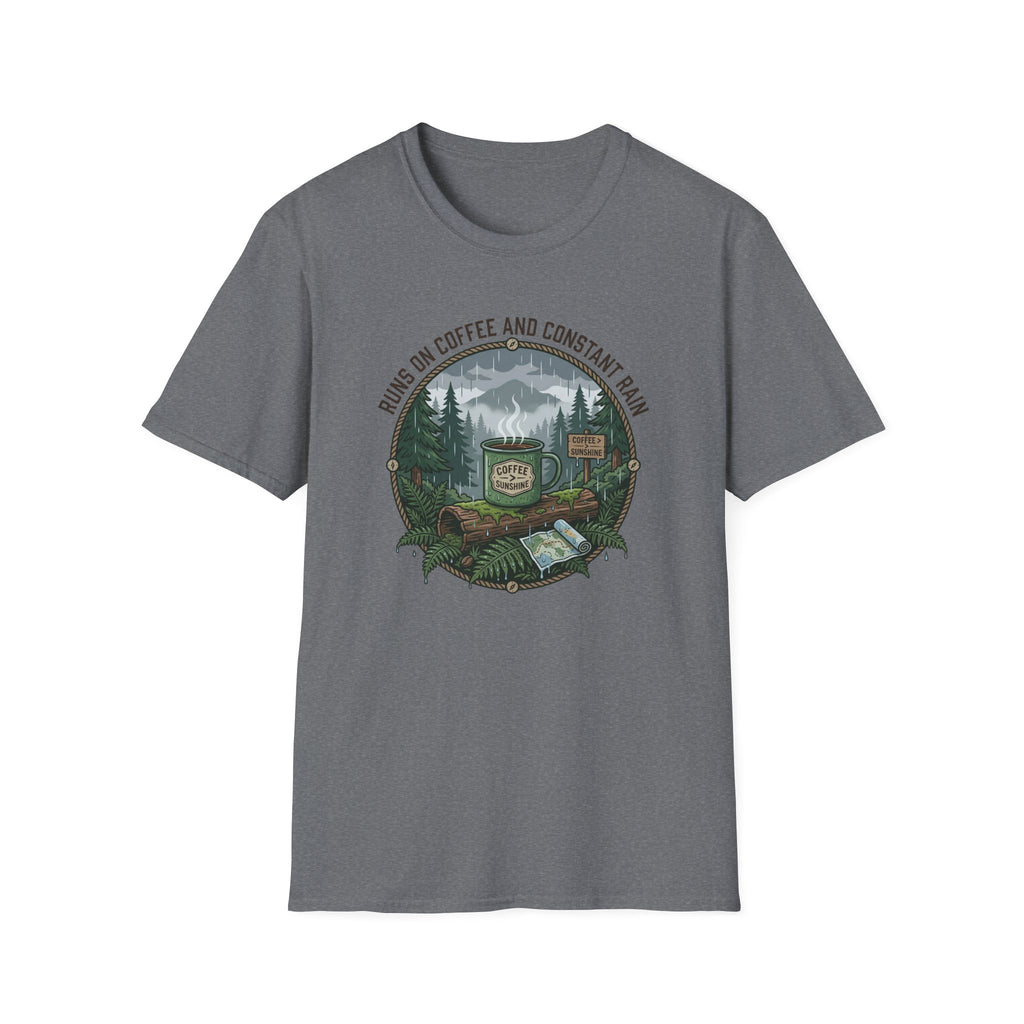 Cozy Camping Coffee Scene T-Shirt | Mountain Mug, Rainy Forest Illustration