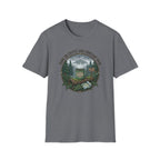 Cozy Camping Coffee Scene T-Shirt | Mountain Mug, Rainy Forest Illustration