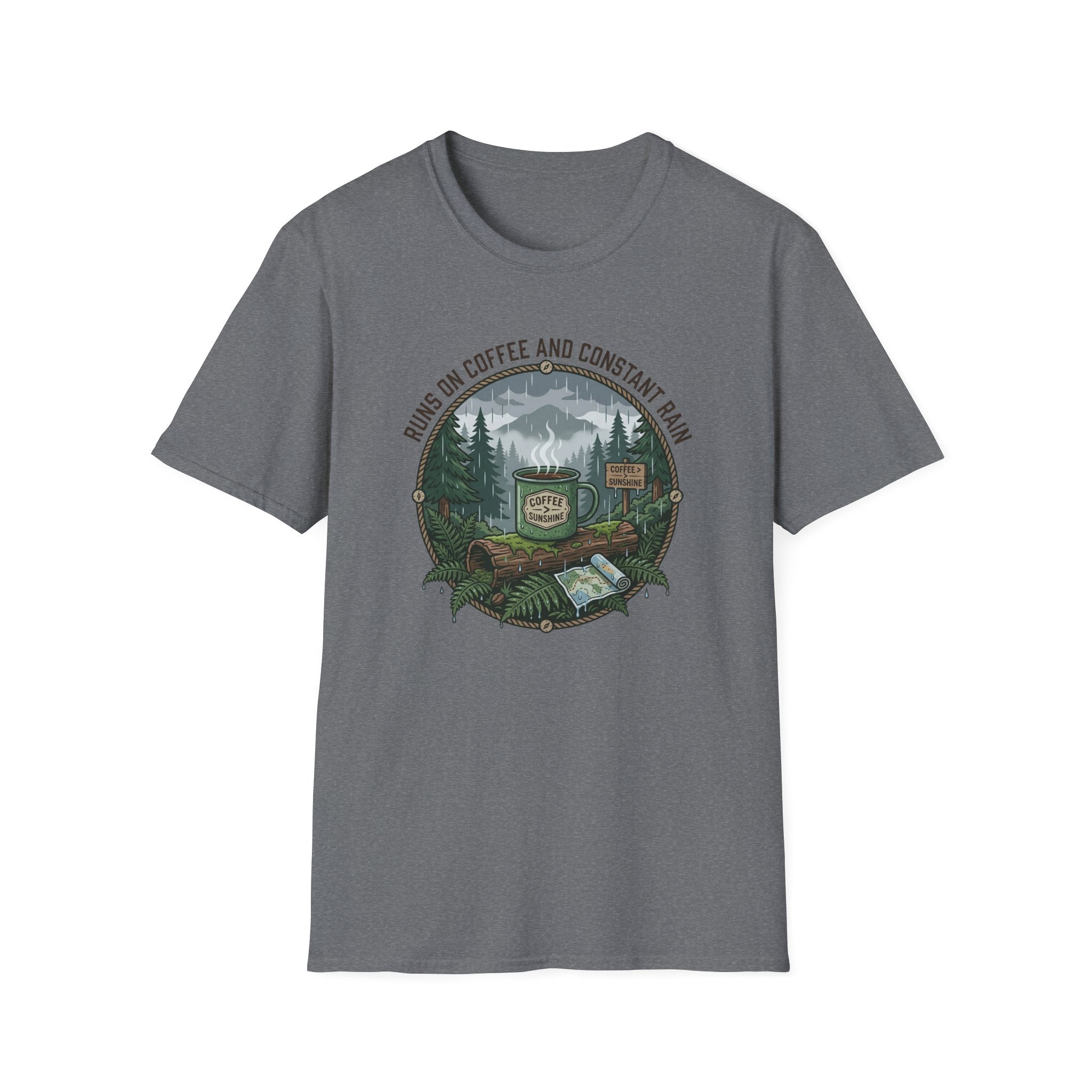 Cozy Camping Coffee Scene T-Shirt | Mountain Mug, Rainy Forest Illustration