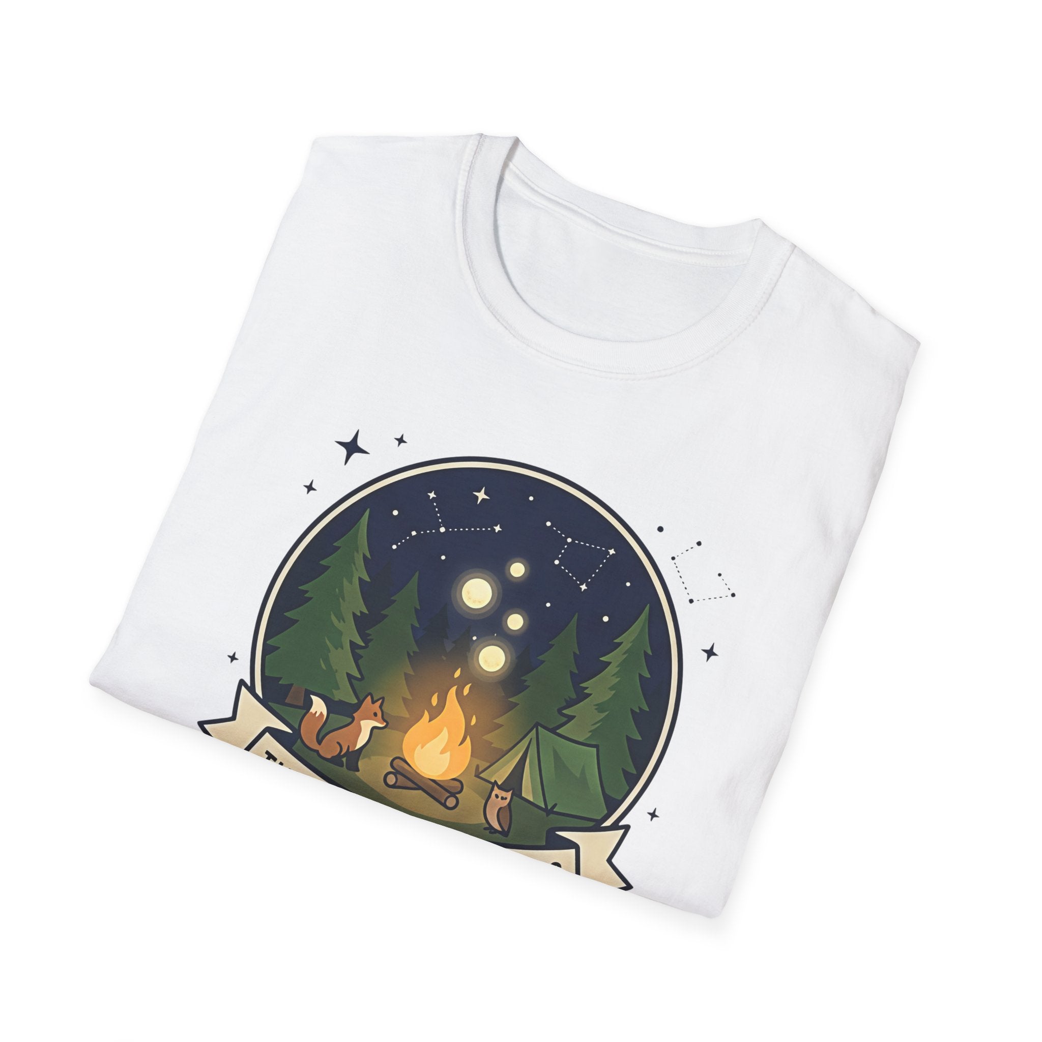 The Forest Whispers campfire scene T-Shirt | nighttime woods illustration