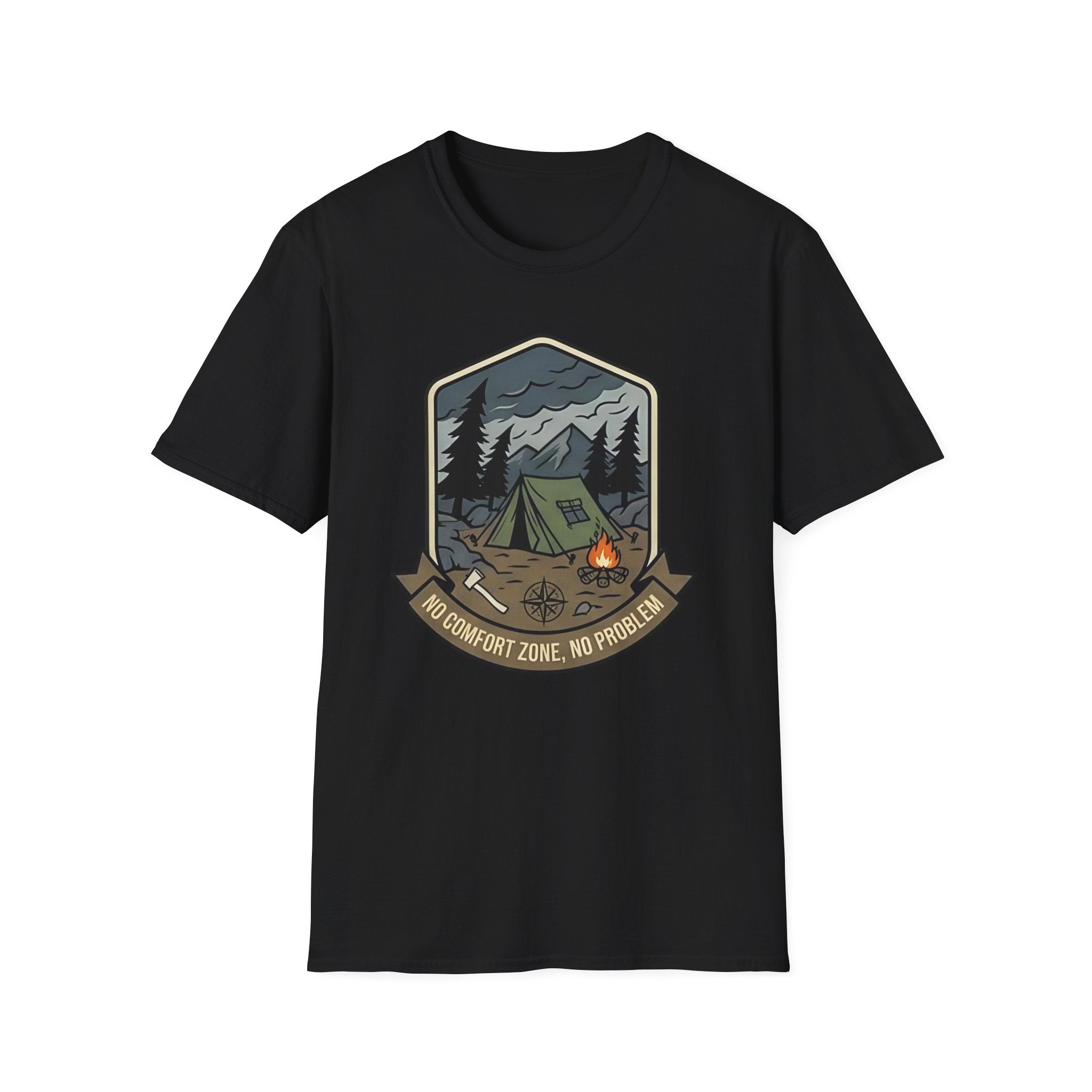 Camping Badge tent and campfire graphic T-Shirt | outdoors hiking adventure emblem