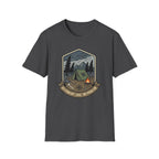 Camping Badge tent and campfire graphic T-Shirt | outdoors hiking adventure emblem