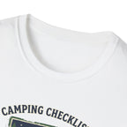 Camping Checklist Snacks T-Shirt | Camping Graphic Tee, Tent Campfire Design