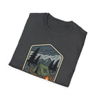 Camping Badge tent and campfire graphic T-Shirt | outdoors hiking adventure emblem