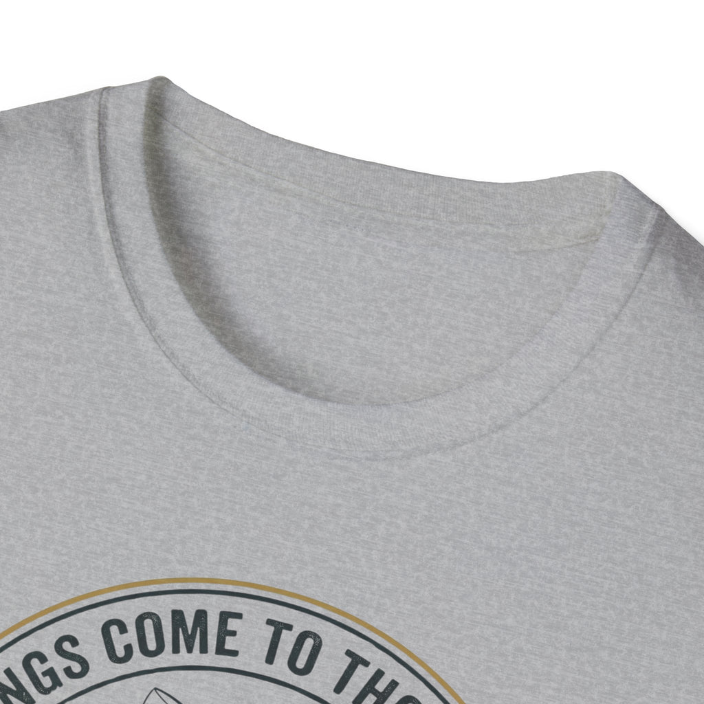 Camping Scene T-Shirt | Vintage Tent Lake Illustration, 'Good Things Come to Those Who Wait'