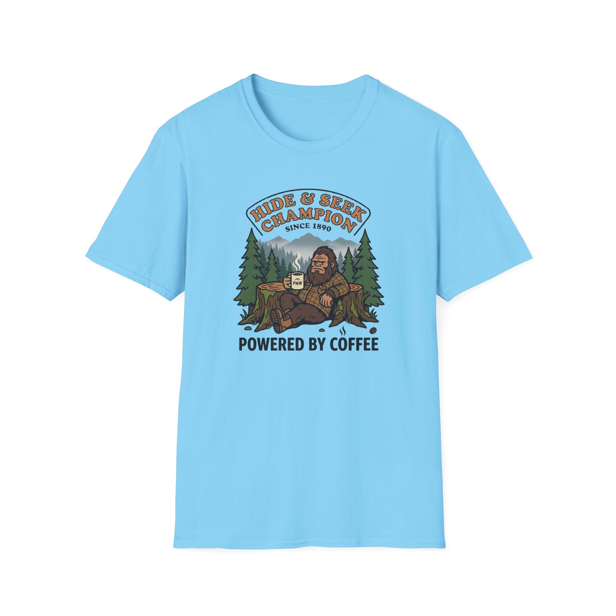 Sasquatch Hide & Seek Champion T-Shirt | Powered by Coffee, Bigfoot Design