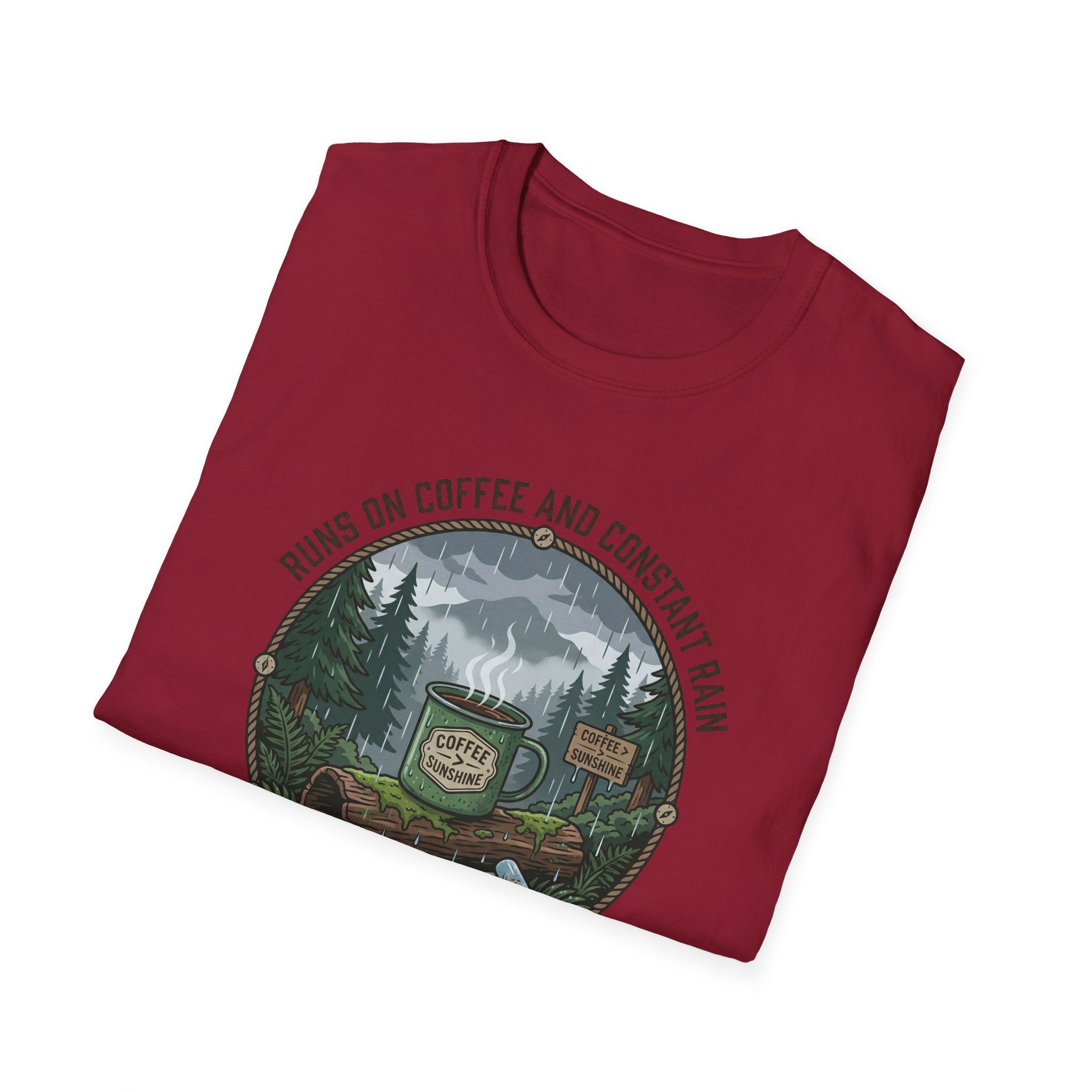 Cozy Camping Coffee Scene T-Shirt | Mountain Mug, Rainy Forest Illustration