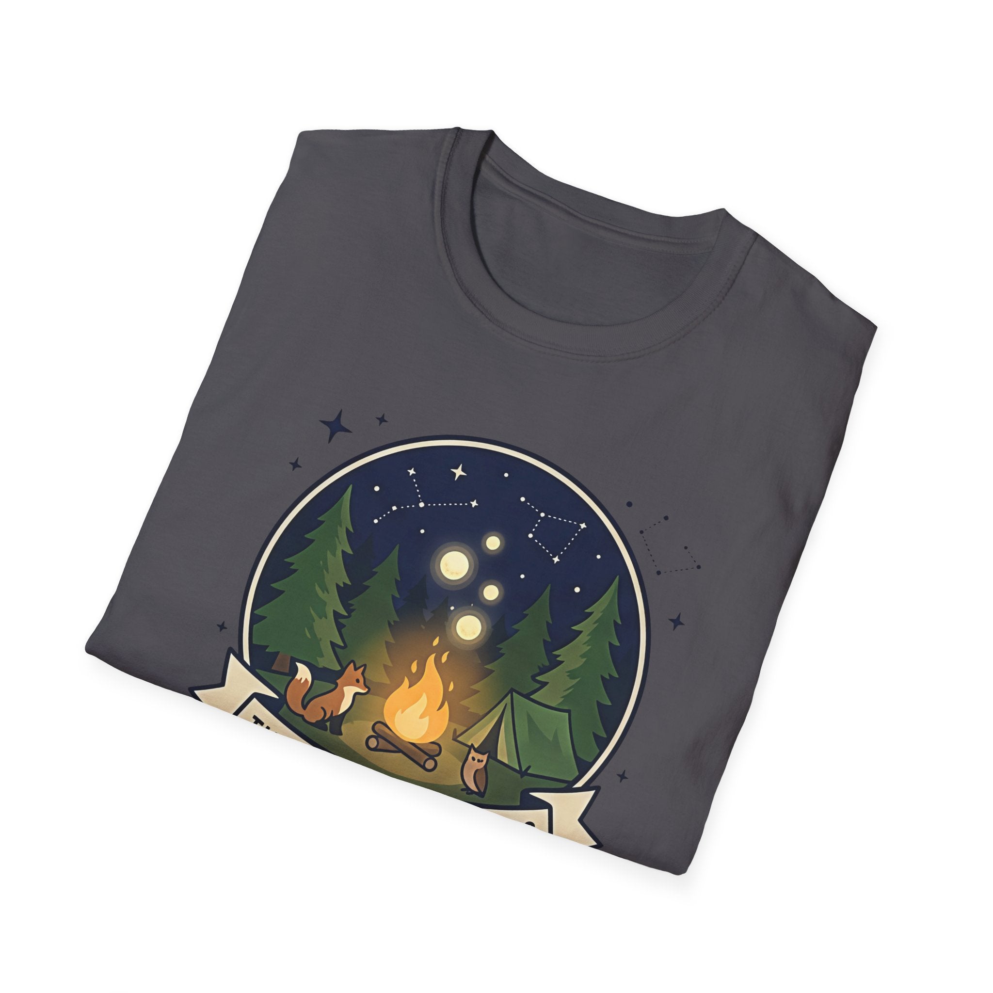 The Forest Whispers campfire scene T-Shirt | nighttime woods illustration