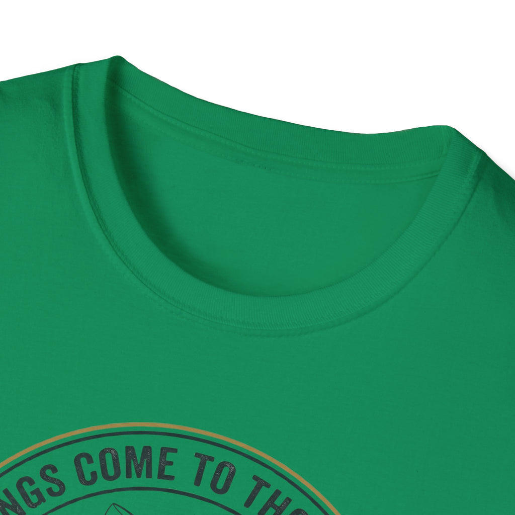 Camping Scene T-Shirt | Vintage Tent Lake Illustration, 'Good Things Come to Those Who Wait'