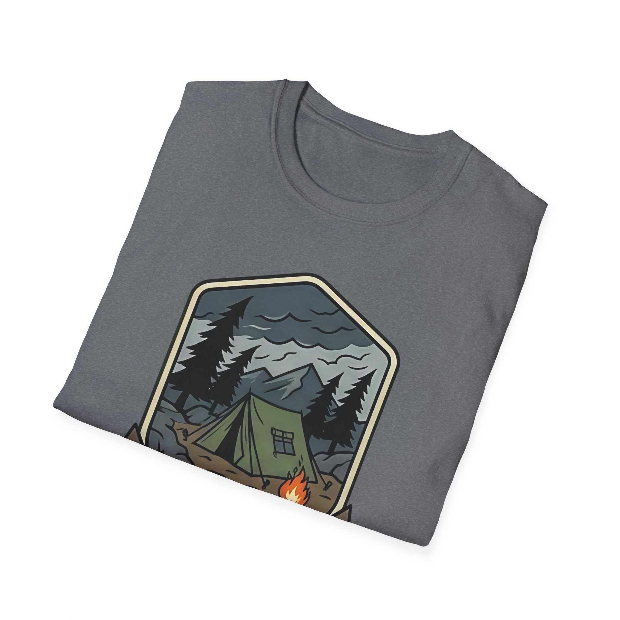 Camping Badge tent and campfire graphic T-Shirt | outdoors hiking adventure emblem