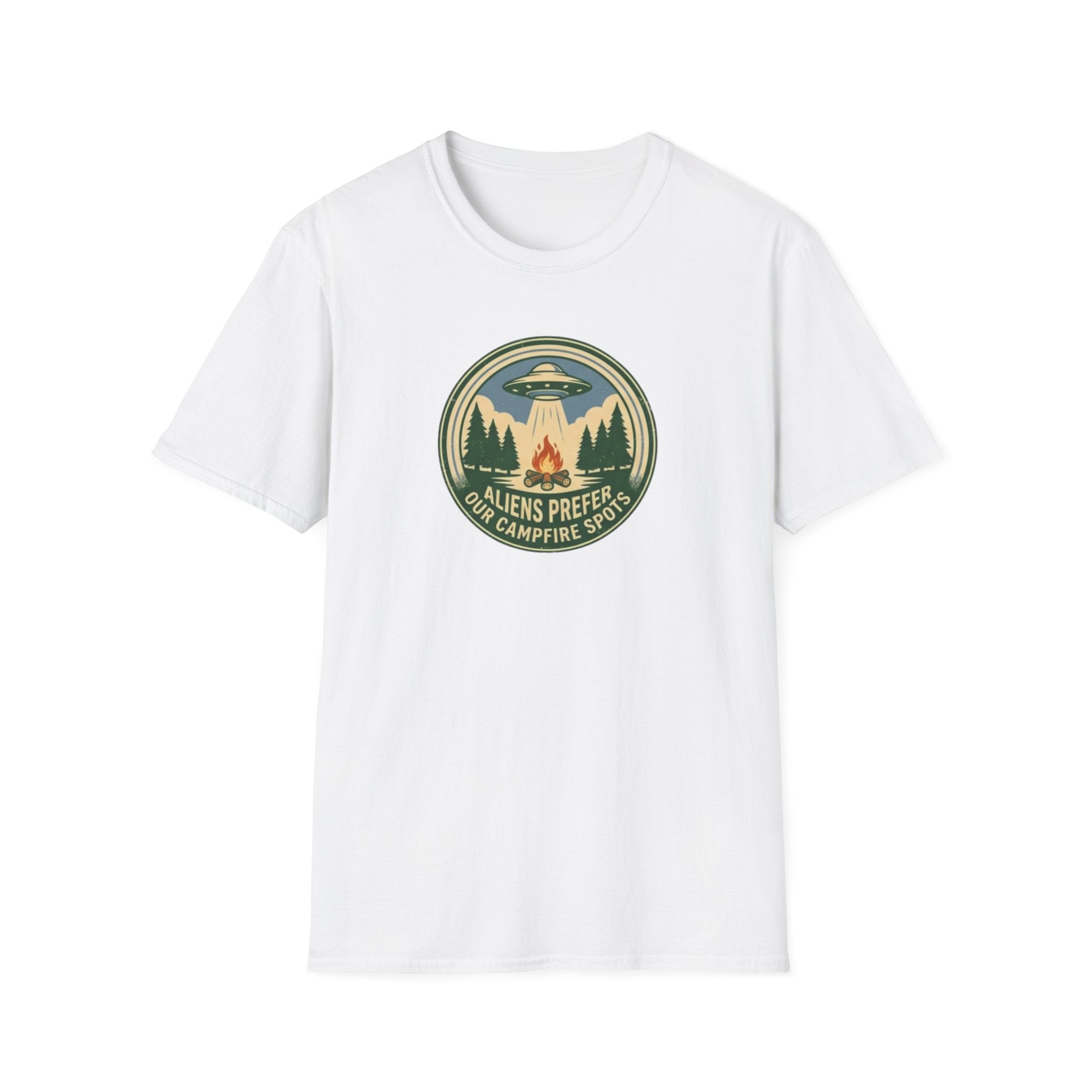 Aliens Prefer Our Campfire Spots T-Shirt | UFO Camping Badge Graphic