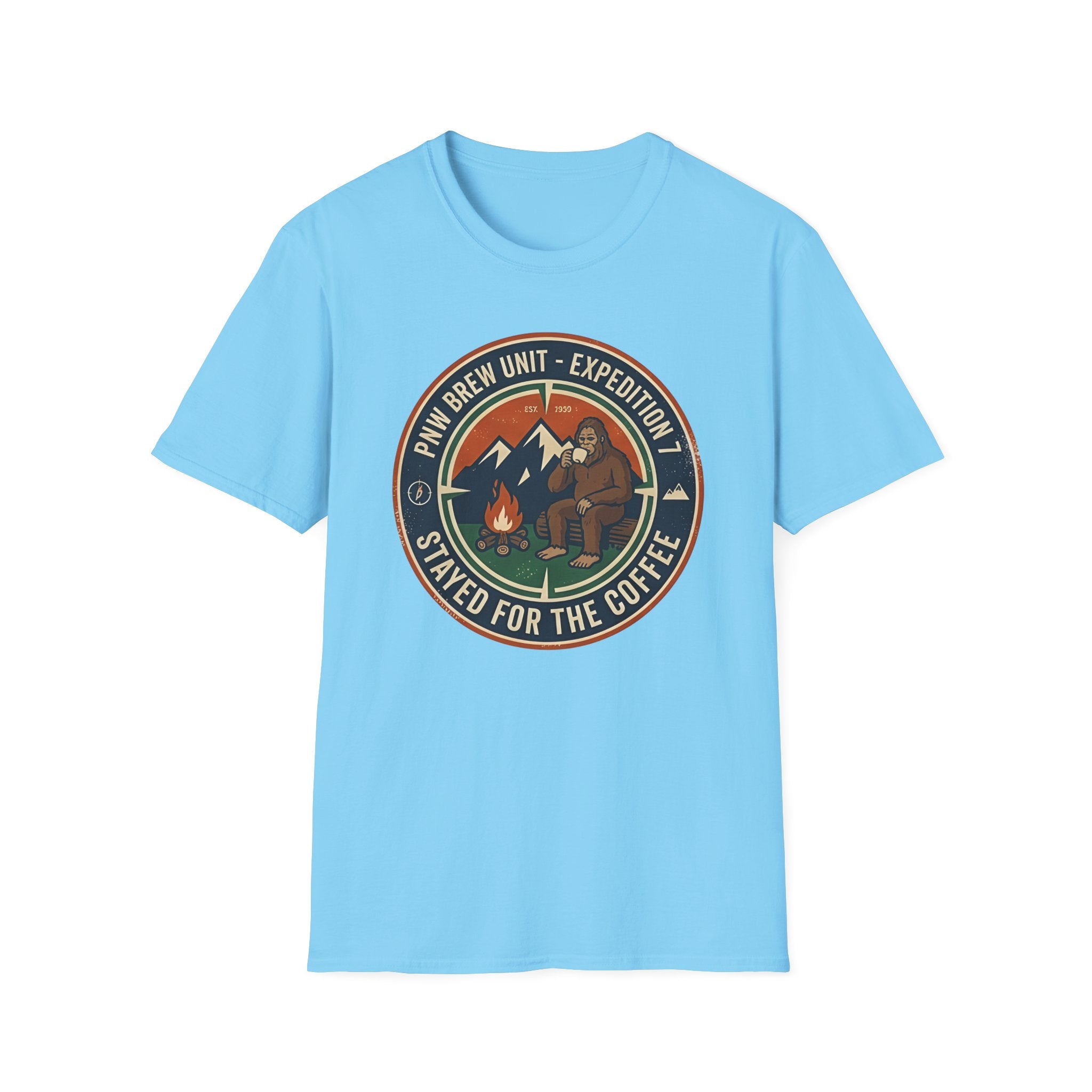 Stayed for the Coffee mountain camping badge T-Shirt | coffee hiking logo