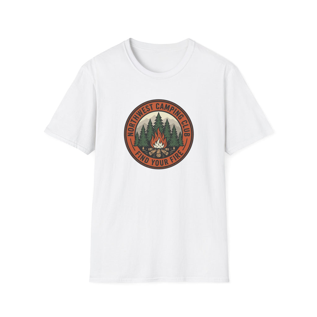 Northwest Camping Club Find Your Fire T-Shirt | Campfire Trees Outdoor Badge Shirt
