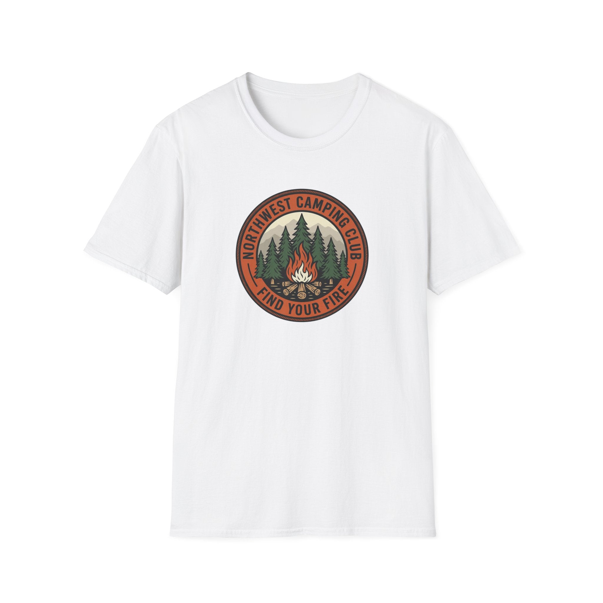 Northwest Camping Club Find Your Fire T-Shirt | Campfire Trees Outdoor Badge Shirt