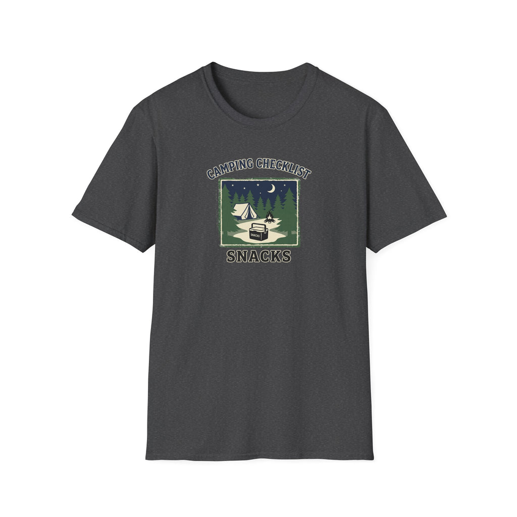 Camping Checklist Snacks T-Shirt | Camping Graphic Tee, Tent Campfire Design