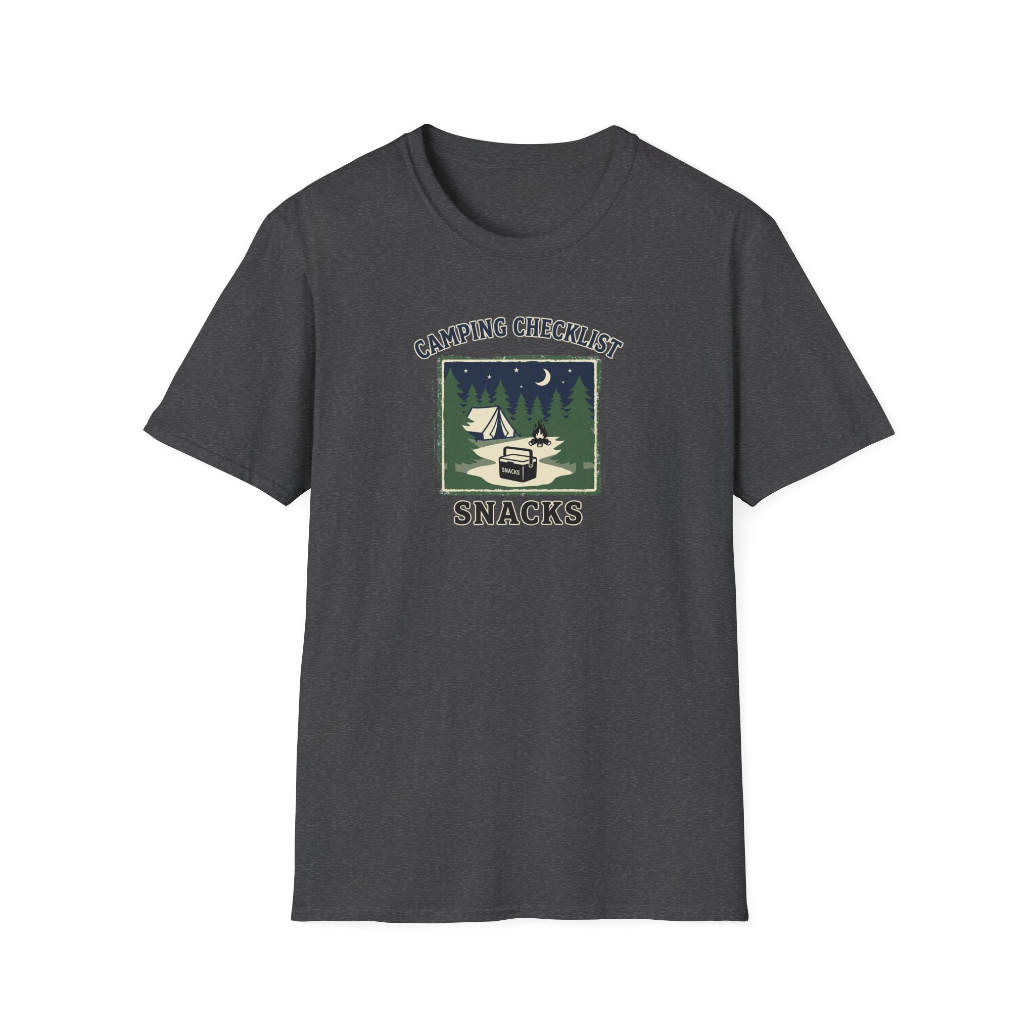 Camping Checklist Snacks T-Shirt | Camping Graphic Tee, Tent Campfire Design