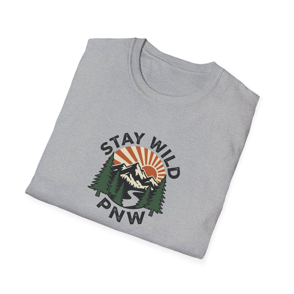 Stay Wild PNW T-Shirt | Mountain Sunset, Pine Trees, River Road