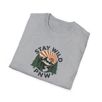 Stay Wild PNW T-Shirt | Mountain Sunset, Pine Trees, River Road
