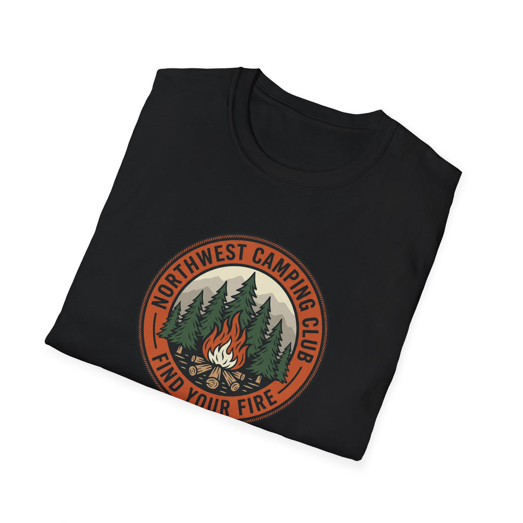 Northwest Camping Club Find Your Fire T-Shirt | Campfire Trees Outdoor Badge Shirt